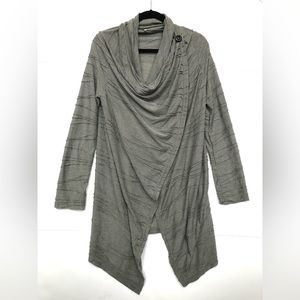 Nikkialo brand woman’s lightweight asymmetrical sage / grey top NWOT
